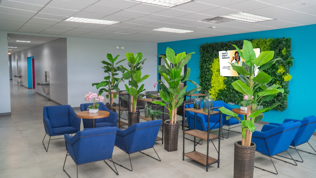 Image inside itel's Chalmers building in Jamaica. A lounge space and casual meeting area, outside one of the contact centers production spaces. Bright blue furnishings, potted palms, and a botanical wall with a flatscreen TV make these spaces inviting and perfect for team collaboration.