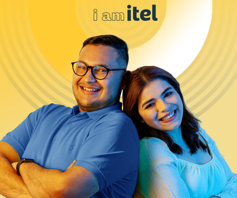 Image of two itel employees standing back to back, arms folded, smiling. The text above says "i am itel". A sample of the posters and banners that will feature real itel employees as the face of the company.